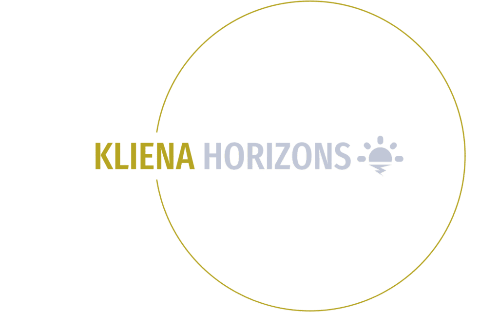 KLIENA HORIZONS logo gouden + grijs, kliena horizons letters met een cirkel rondom