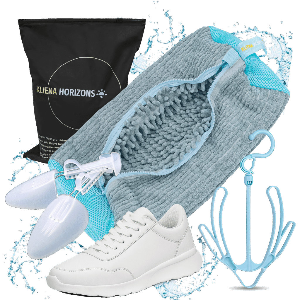 Waszak voor schoenen set, grijs met schoenspanners en schoenhanger. Schoenenwaszak met premium packaging zwart