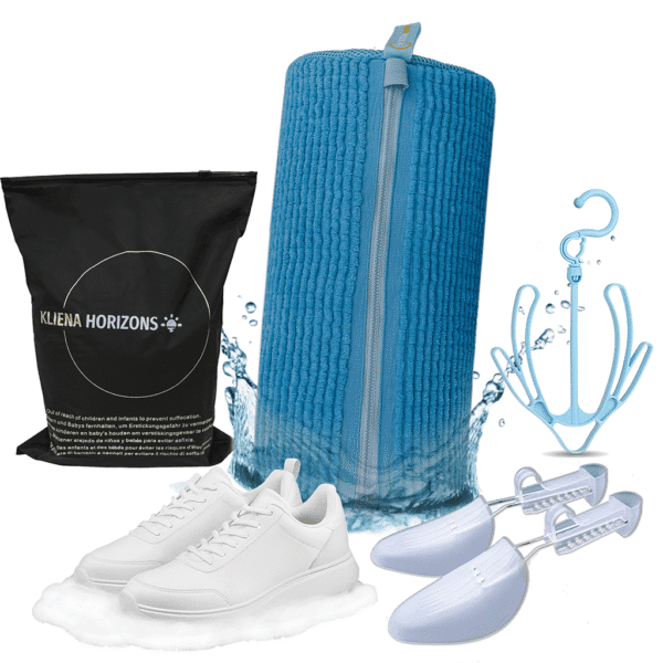 Waszak voor schoenen kopen voor damesschoenen, blauw met schenspanners en hanger. Premium packaging zwart.
